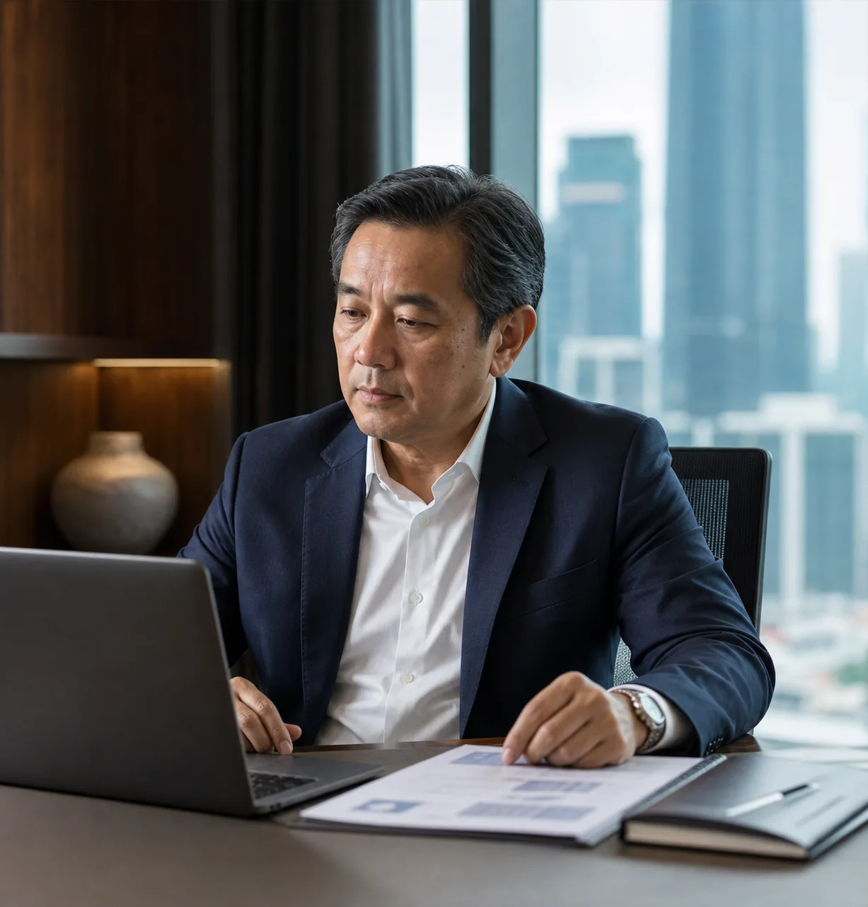 Executive Search Firm Malaysia. Senior executive reviewing candidate profile at desk with city view