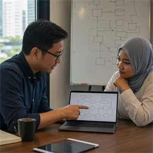 IT Recruitment Agency and IT lead reviewing system architecture diagram