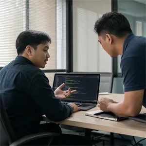 Technical interview in progress with code on laptop screen