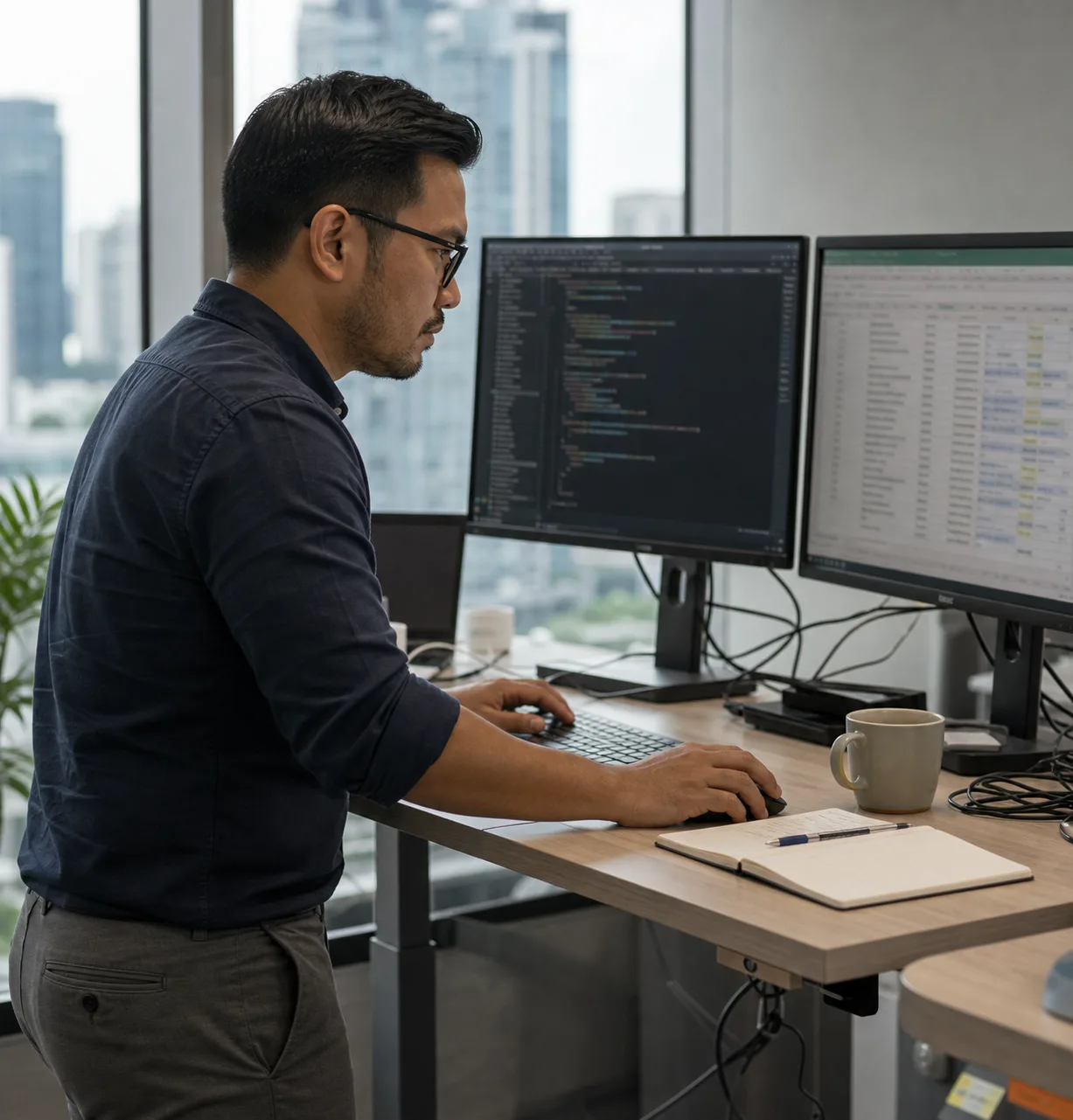IT manager reviewing code and candidate spreadsheet at standing desk