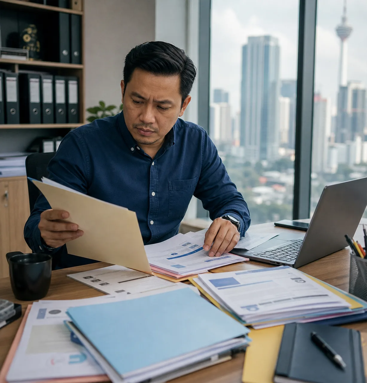 Recruitment Services - Hiring manager reviewing multiple job descriptions and candidate folders at desk