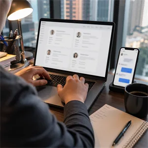 Recruiter engaging talent via laptop and phone